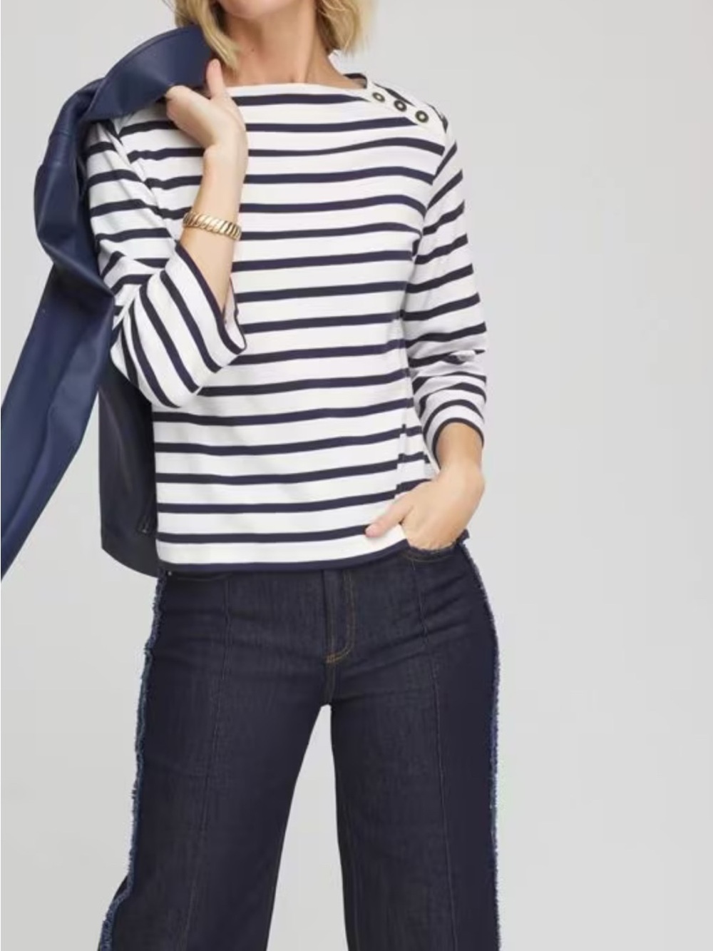 CHICOS Black and  White Strips
Sweatshirt L Nautical Beach Coastal
3/4 Sleeve